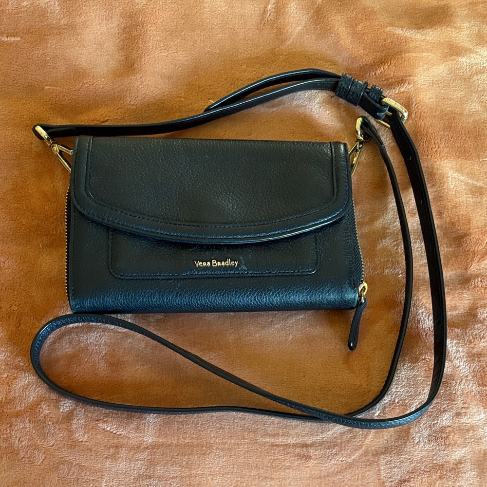 Vera Bradley Black Leather Crossbody Bag with Gold Accents